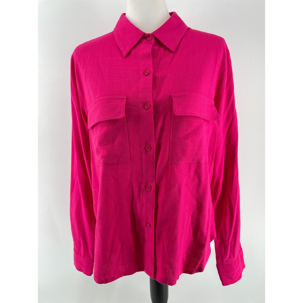 Lulus Linen Blend Button Front Top Shirt‎ Womens Medium Pink Long Sleeve Blouse